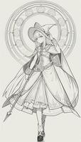 AI generated Anime Wizard Girl Line Art Drawing Sketch Black and White Simple Background photo