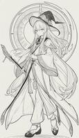 AI generated Anime Wizard Girl Line Art Drawing Sketch Black and White Simple Background photo