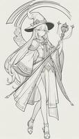 AI generated Anime Wizard Girl Line Art Drawing Sketch Black and White Simple Background photo