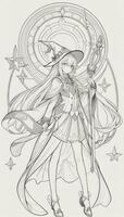 AI generated Anime Wizard Girl Line Art Drawing Sketch Black and White Simple Background photo