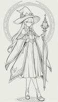 AI generated Anime Wizard Girl Line Art Drawing Sketch Black and White Simple Background photo