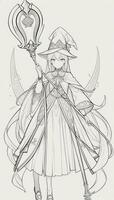 AI generated Anime Wizard Girl Line Art Drawing Sketch Black and White Simple Background photo