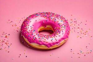 AI generated a pink donut with sprinkles on a pink background photo