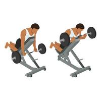 Man doing reverse incline bench barbell curl exercise. vector