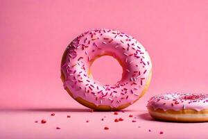 AI generated two donuts with pink sprinkles on a pink background photo