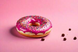 AI generated a donut with pink icing and sprinkles on a pink background photo