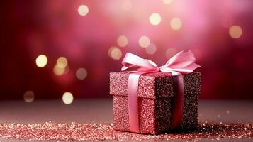 AI generated Gift box with ribbon on the abstract shiny glitter background and defocused bokeh lights. For valentine greeting, romantic wallpaper concept. Generative AI photo