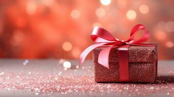 AI generated Gift box with ribbon on the abstract shiny glitter background and defocused bokeh lights. For valentine greeting, romantic wallpaper concept. Generative AI photo