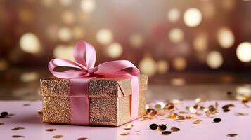 AI generated Gift box with ribbon on the abstract shiny glitter background and defocused bokeh lights. For valentine greeting, romantic wallpaper concept. Generative AI photo