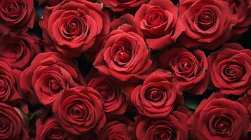 ai generado parte superior ángulo ver de rojo rosas flores modelo. grupo de natural rojo rosas antecedentes. para enamorado saludo, romántico fondo de pantalla concepto. generativo ai foto