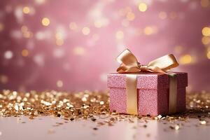 AI generated Gift box with ribbon on the abstract shiny glitter background and defocused bokeh lights. For valentine greeting, romantic wallpaper concept. Generative AI photo