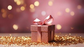 AI generated Gift box with ribbon on the abstract shiny glitter background and defocused bokeh lights. For valentine greeting, romantic wallpaper concept. Generative AI photo