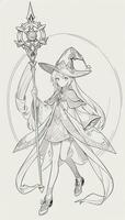 AI generated Anime Wizard Girl Line Art Drawing Sketch Black and White Simple Background photo