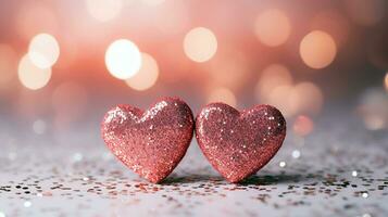 AI generated Sparkling hearts shape on the pink glitter with bokeh light background. for valentine celebrating concept. Generative AI photo