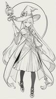 AI generated Anime Wizard Girl Line Art Drawing Sketch Black and White Simple Background photo