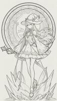 AI generated Anime Wizard Girl Line Art Drawing Sketch Black and White Simple Background photo