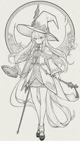 AI generated Anime Wizard Girl Line Art Drawing Sketch Black and White Simple Background photo