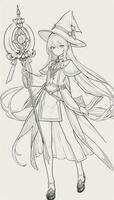 AI generated Anime Wizard Girl Line Art Drawing Sketch Black and White Simple Background photo