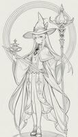 AI generated Anime Wizard Girl Line Art Drawing Sketch Black and White Simple Background photo