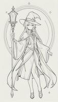 AI generated Anime Wizard Girl Line Art Drawing Sketch Black and White Simple Background photo