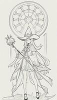 AI generated Anime Wizard Girl Line Art Drawing Sketch Black and White Simple Background photo