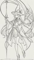 AI generated Anime Wizard Girl Line Art Drawing Sketch Black and White Simple Background photo