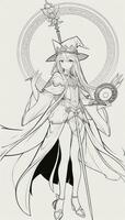 AI generated Anime Wizard Girl Line Art Drawing Sketch Black and White Simple Background photo