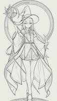 AI generated Anime Wizard Girl Line Art Drawing Sketch Black and White Simple Background photo