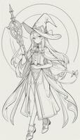 AI generated Anime Wizard Girl Line Art Drawing Sketch Black and White Simple Background photo