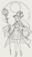 AI generated Anime Wizard Girl Line Art Drawing Sketch Black and White Simple Background photo