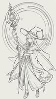 AI generated Anime Wizard Girl Line Art Drawing Sketch Black and White Simple Background photo