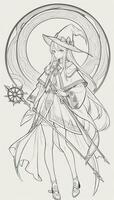 AI generated Anime Wizard Girl Line Art Drawing Sketch Black and White Simple Background photo