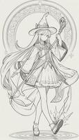 AI generated Anime Wizard Girl Line Art Drawing Sketch Black and White Simple Background photo