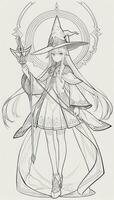 AI generated Anime Wizard Girl Line Art Drawing Sketch Black and White Simple Background photo