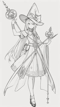 AI generated Anime Wizard Girl Line Art Drawing Sketch Black and White Simple Background photo