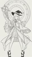 AI generated Anime Wizard Girl Line Art Drawing Sketch Black and White Simple Background photo