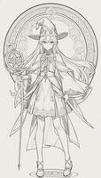 AI generated Anime Wizard Girl Line Art Drawing Sketch Black and White Simple Background photo