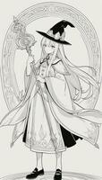 AI generated Anime Wizard Girl Line Art Drawing Sketch Black and White Simple Background photo