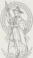 AI generated Anime Wizard Girl Line Art Drawing Sketch Black and White Simple Background photo