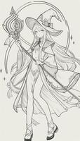 AI generated Anime Wizard Girl Line Art Drawing Sketch Black and White Simple Background photo