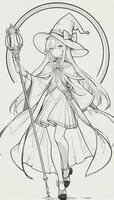 AI generated Anime Wizard Girl Line Art Drawing Sketch Black and White Simple Background photo