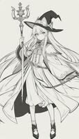 AI generated Anime Wizard Girl Line Art Drawing Sketch Black and White Simple Background photo