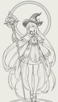 AI generated Anime Wizard Girl Line Art Drawing Sketch Black and White Simple Background photo