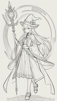 AI generated Anime Wizard Girl Line Art Drawing Sketch Black and White Simple Background photo