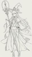 AI generated Anime Wizard Girl Line Art Drawing Sketch Black and White Simple Background photo