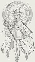 AI generated Anime Wizard Girl Line Art Drawing Sketch Black and White Simple Background photo