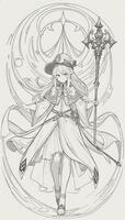 AI generated Anime Wizard Girl Line Art Drawing Sketch Black and White Simple Background photo