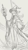 AI generated Anime Wizard Girl Line Art Drawing Sketch Black and White Simple Background photo