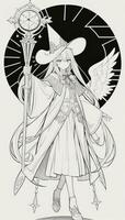 AI generated Anime Wizard Girl Line Art Drawing Sketch Black and White Simple Background photo