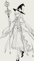 AI generated Anime Wizard Girl Line Art Drawing Sketch Black and White Simple Background photo